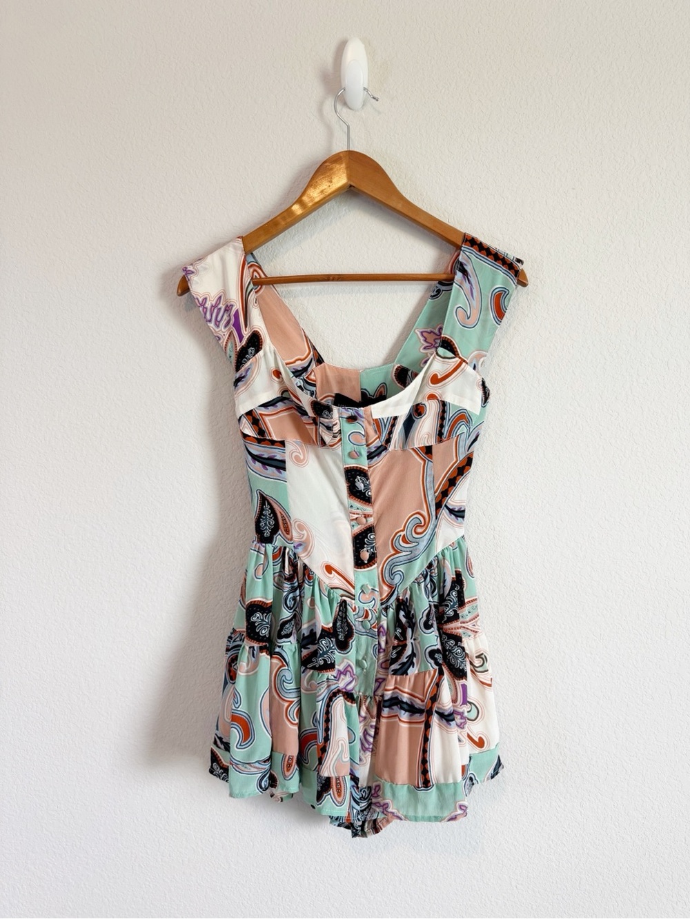 Vanessa Mooney Multicolor Paisley Romper - Mint, Peach, Black, White